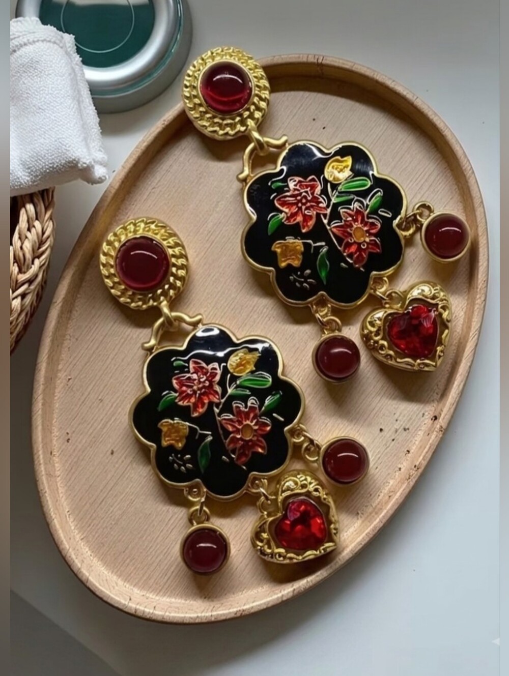 Vintage Style Black Enamel Floral Dangle Earrings Red Heart Gold Tone NWT